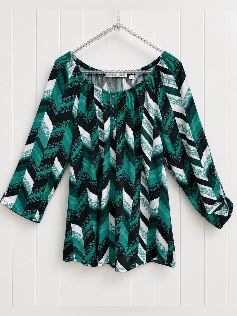 Notations Teal and Black Chevron Blouse | Convertible Sleeves